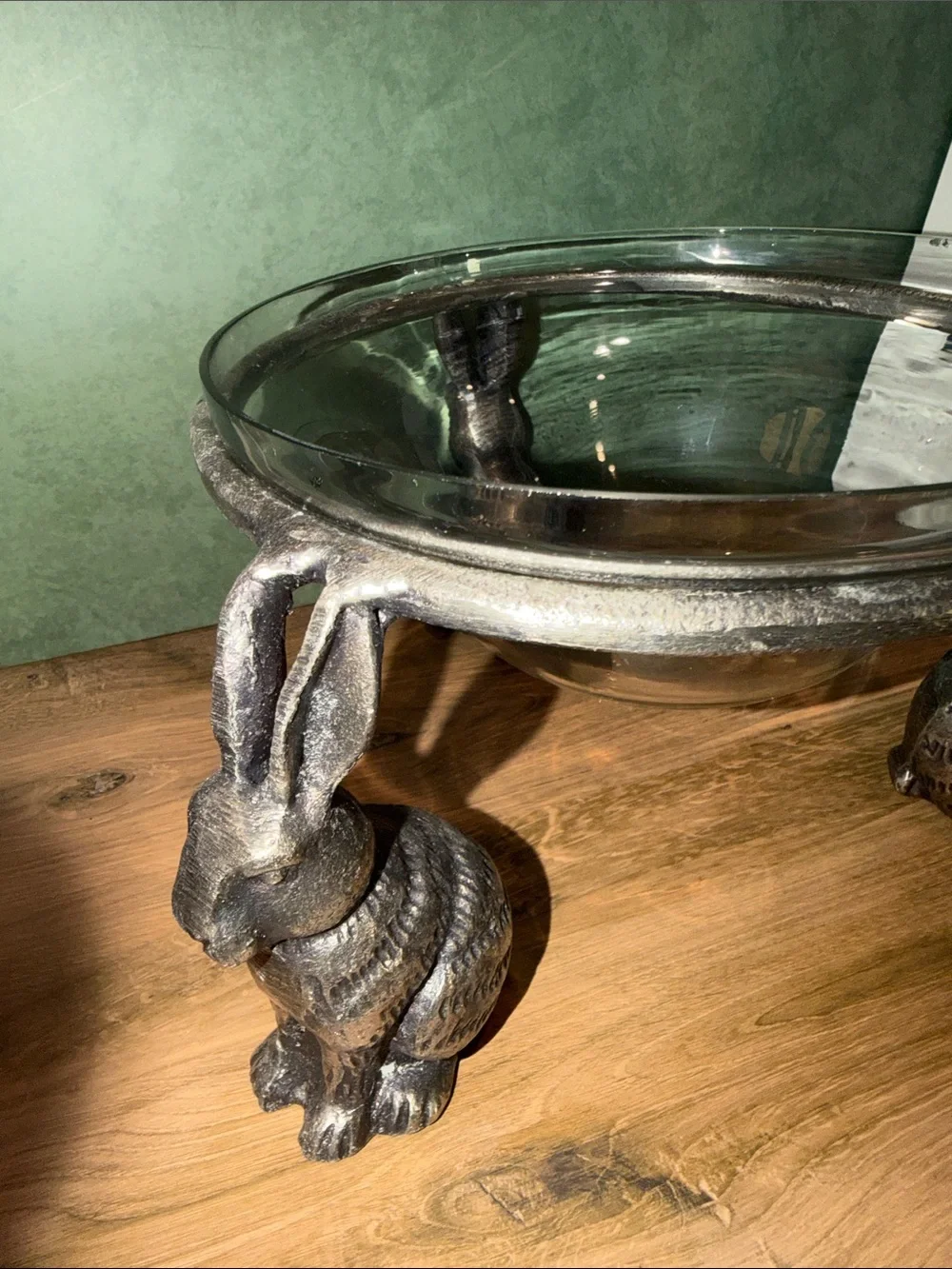 Pottery Barn Glass Bowl on Decorative Rabbit metal Pedestal
